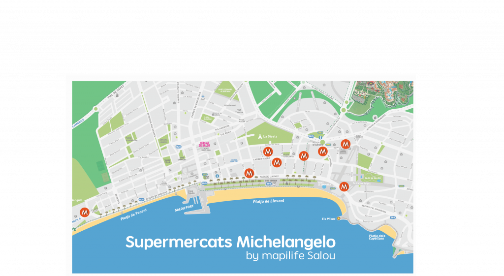 Map of all the Michelangelo supermarkets in Salou.