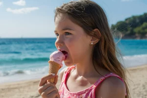 Nena menjant un gelat a la platja de Salou