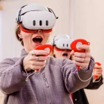 Girl playing Escape Tarragona with Get Unreal virtual reality.
