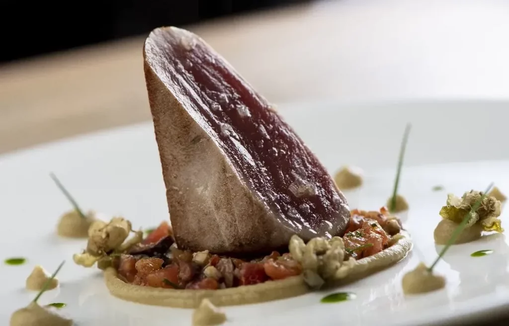 Tuna dish by Quatre Molins restaurant, signature cousine of Costa Daurada mountains