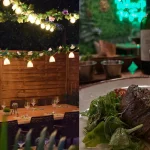 Taules de la terrassa amb detalls tropicals i llum càlida al restaurant Amazon de Salou.