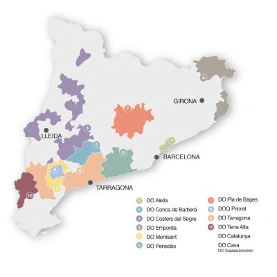 Mapa con las marcas de vino de Catalunya.